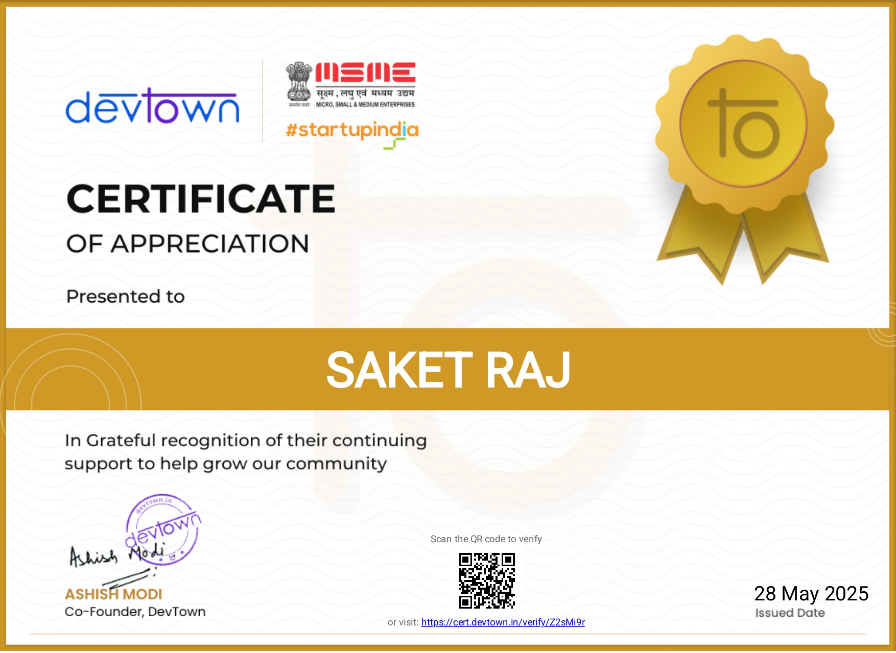 DevTown Certificate Appreciation